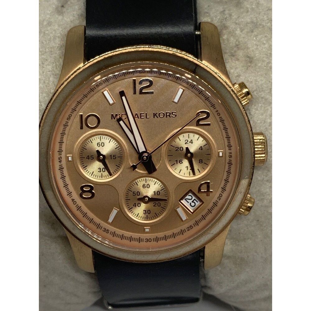 Michael Kors MK5128 Women Black Leather Analog Rose Gold Dial Quartz Watch Aa498